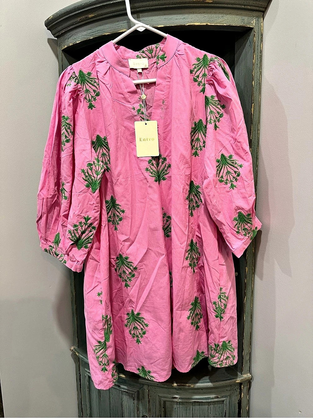 Entro Pink Green Embroidered Puff Sleeve Mini Dress